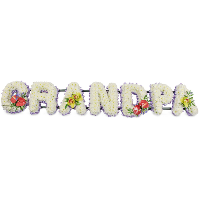 A striking funeral flower arrangement in the shape of the word "GRANDPA" stretches horizontally across a clean white backdrop, each bold capital letter created with the deliberate care of an experienced florist. Every surface of the letters is packed with tight clusters of small white chrysanthemums, their rounded petals overlapping so closely that the eye reads them as a continuous, velvety blanket of white. The chrysanthemums are crisp and fresh, their centres just peeking through, and their soft texture projects a sense of purity and calm that suits a dignified farewell. Skimming along the base of each letter is a neat border of light lavender ribbon, adding a hint of cool colour that gently outlines the word without drawing attention from the flowers themselves. Behind the bloom-covered fronts, slim dark green bars connect the letters, providing the structure needed to display the tribute prominently at a crematorium chapel or church in Belmont. Splashes of bolder colour are woven in with florist precision: the "G" and "D" each hold a spray of deep red anthuriums, their glossy, heart-shaped spathes and central spadices framed by deep green foliage and touches of smaller filler blooms. The first "A" and the last "A" feature sprays of yellow-green orchids, their arching stems and delicate flowers lending movement and elegance, as though memories are gently unfolding. The piece reads as deeply personal, a bespoke memorial chosen to honour a beloved grandfather from the Belmont community. It feels suited to rest beside family photographs, perhaps at a wake in a local hall off Station Road, where its quiet beauty offers comfort and a visual focus for shared stories and remembrance.